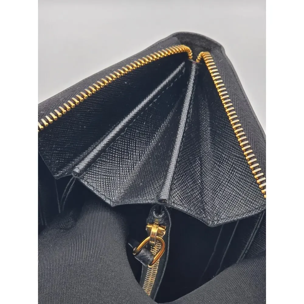 Prada Saffiano Fiocco Bow Zip Around Wallet Black Leather Gold Logo Italy